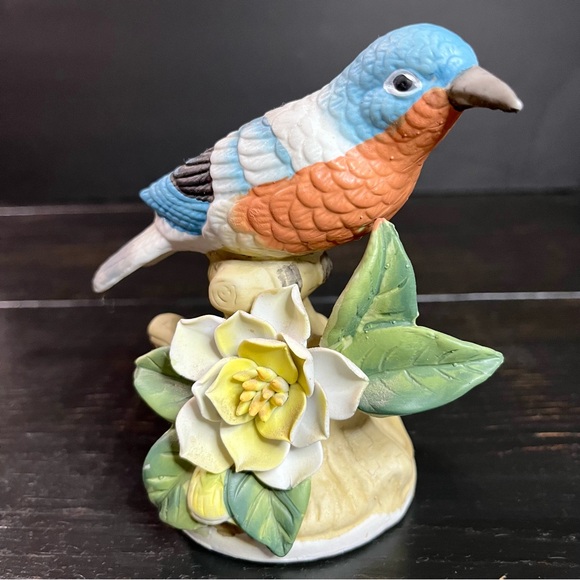 VTG Eastern Blue Bird Ceramic Sitting On A Branch w/ Yellow Flower & Leaves 5” - Picture 2 of 12